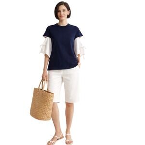 English Factory Navy Blue Puff Sleeve Tie Top Women Small F12156